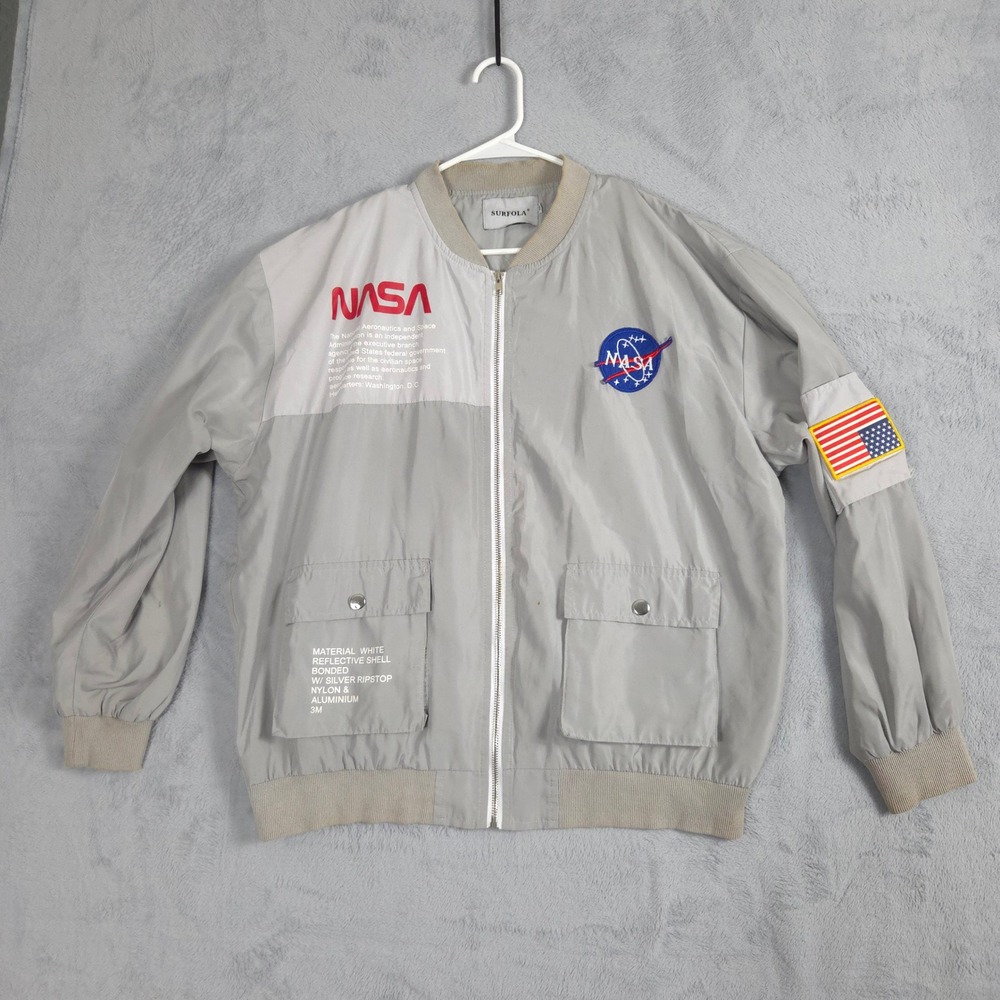 Surfola Bomber Jacket Mens XL Grey Good NASA Reflective Flight Patch Streetwear
